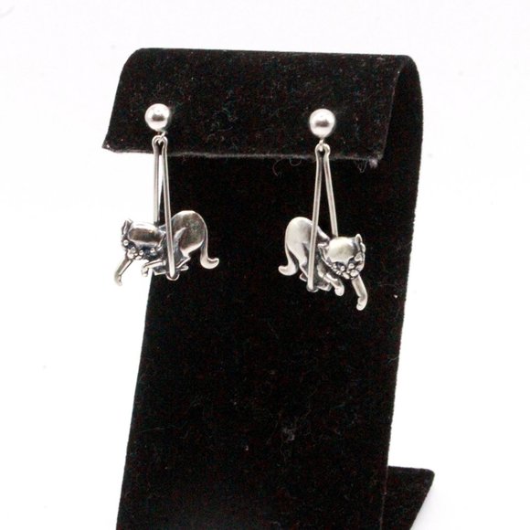 Sterling Silver Contemporary Cat Long Dangle Post Back Earrings - Picture 5 of 7